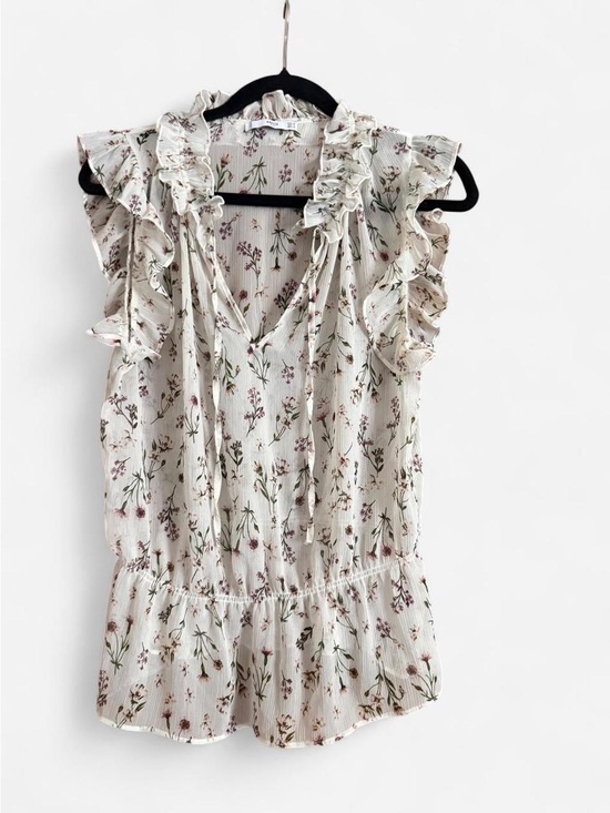 Mango Tops - Floral Ruffle V-Neck Sleeveless Top - Cream with Pink & Green Floral Print